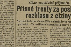 Zákaz poslechu zahraničního rozhlasu / Večerní České slovo 2.9.1939, s. 1.